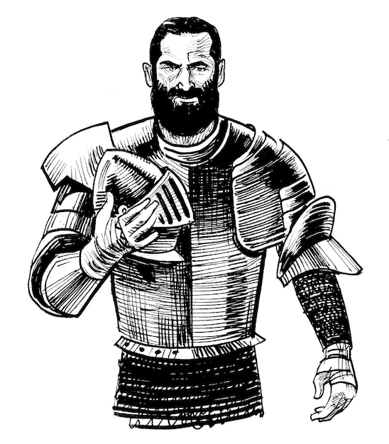 Caballero medieval con armadura. Dibujo a tinta en blanco y negro