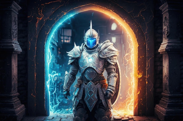 Caballero medieval con armadura frente al portal místico IA generativa