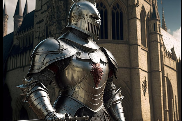 Caballero medieval con armadura plateada, castillo al fondo. IA generativa