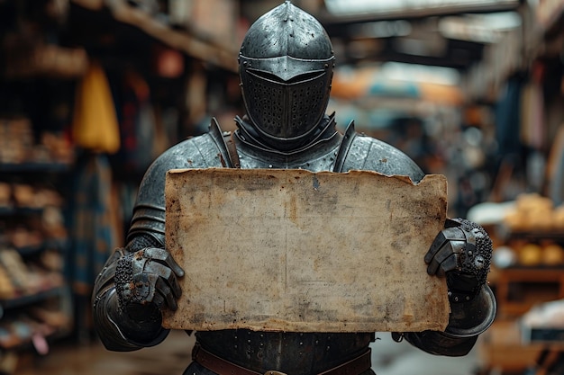 Un caballero medieval en armadura sostiene una hoja de letras antiguas en sus manos contra el fondo de la tienda preparado para su texto