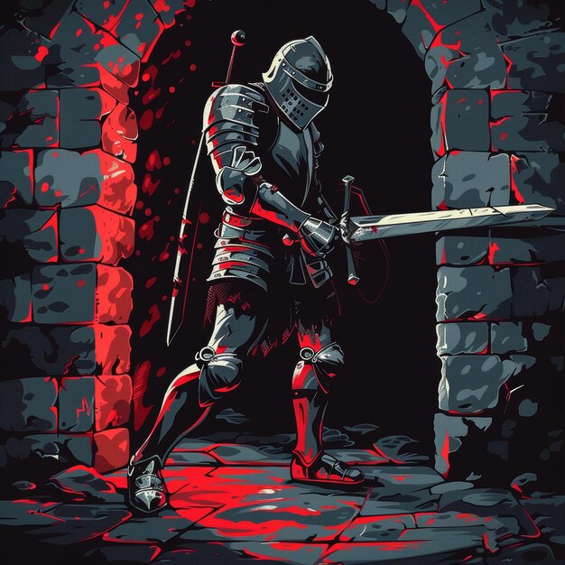 Caballero medieval con espada en el viejo castillo Ilustración vectorial