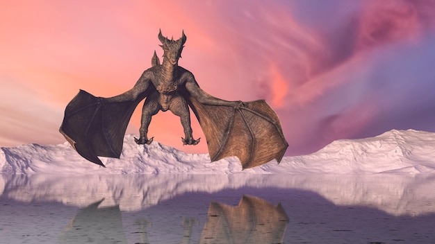 Caballero medieval lucha contra un dragón que escupe fuego en el fondo de montañas nevadas en una superficie reflectante de un lago congelado 3d renderizado