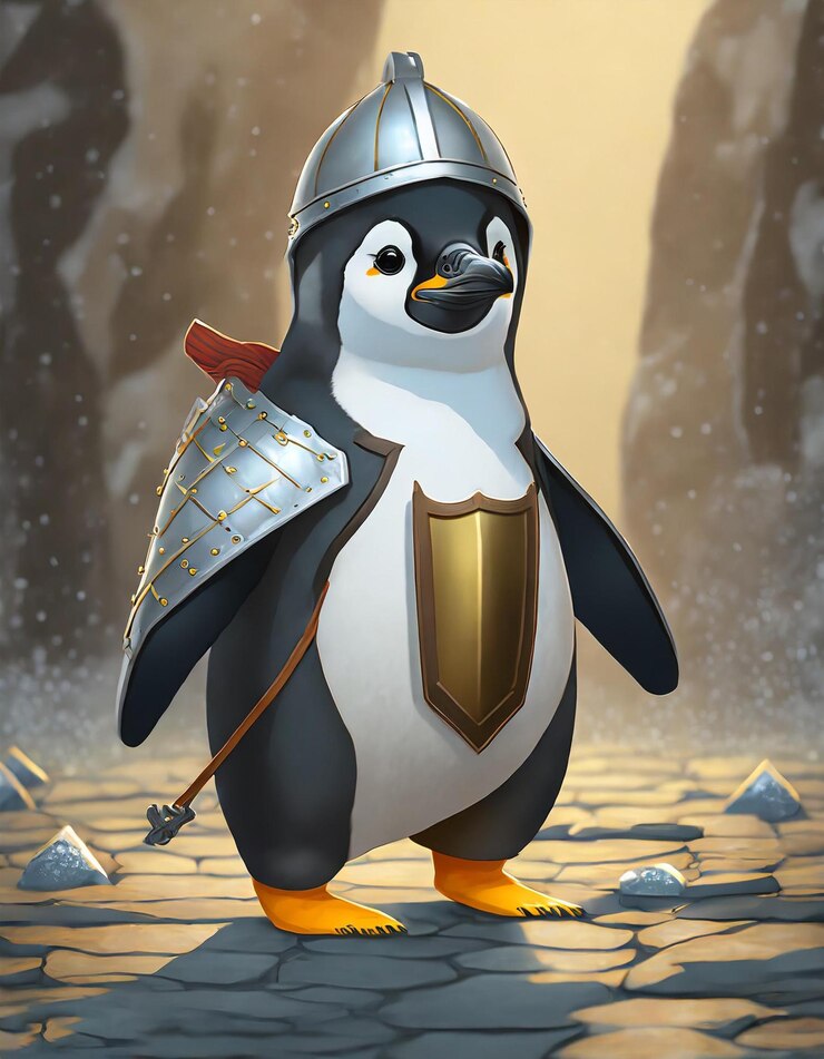 Un caballero pingüino gordo con una armadura