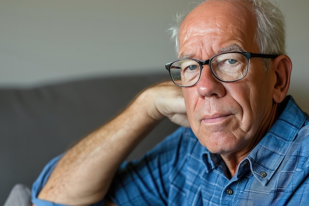 Un caballero sofisticado con gafas y una camisa azul.