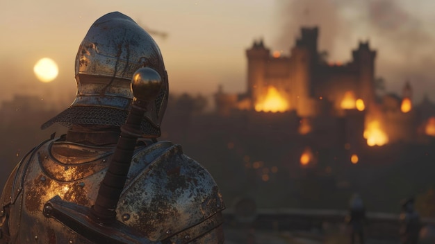 Foto caballero con vistas a un cerco de fuego en un castillo al amanecer una escena de conflicto medieval