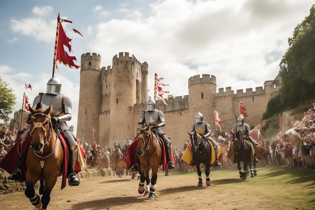 Caballeros medievales a caballo en el torneo del castillo