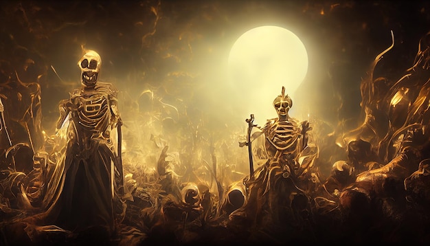 Caballeros de la muerte con una espada en el campo de batalla. Espíritus, esqueletos y fantasmas sedientos
