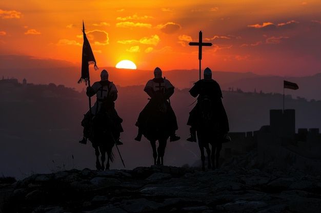 Los caballeros templarios en silueta contra la puesta del sol