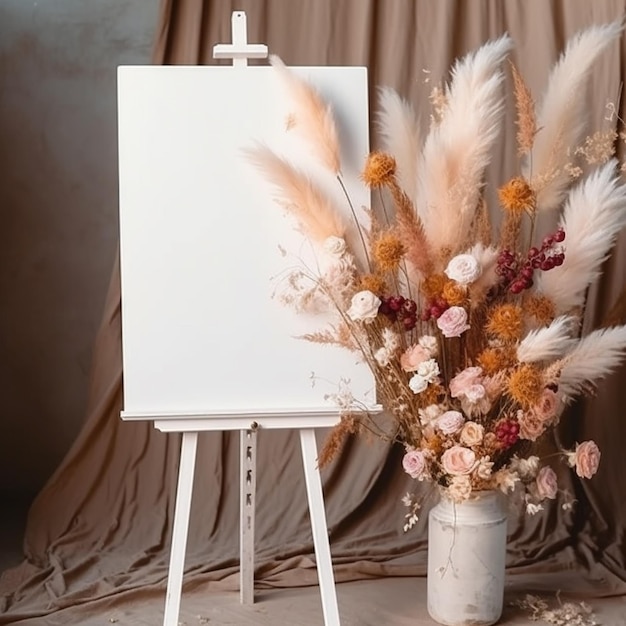 Un caballete blanco con un ramo de flores y un lienzo en blanco sobre la mesa