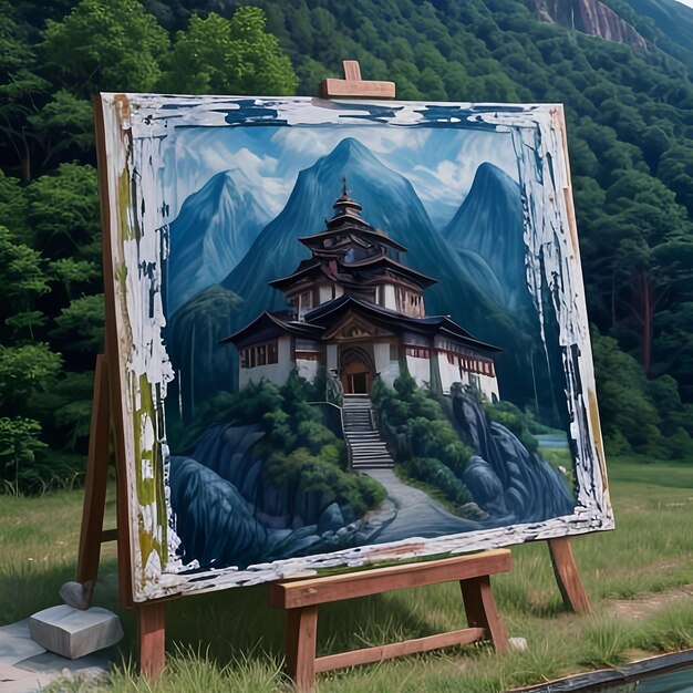 Foto un caballete con una pintura de un castillo en él