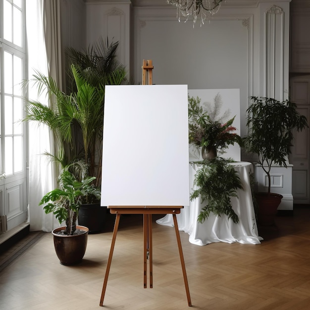 Un caballete de pintura con un lienzo blanco encima y una planta al fondo.