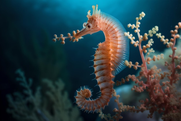 Un caballito de mar está en un arrecife de coral en el océano.