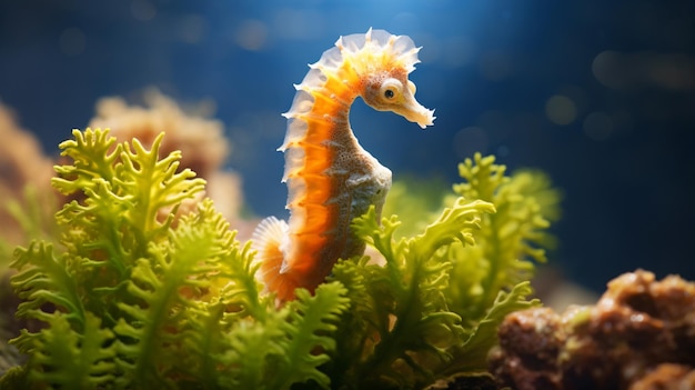 un caballito de mar está sentado en una planta con agua