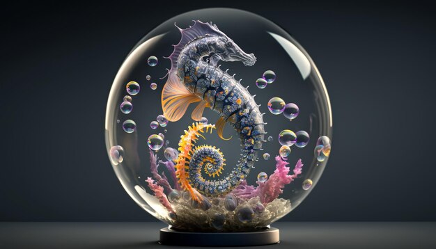 Un caballito de mar hermoso de la vida silvestre está en una bola de cristal IA generativa