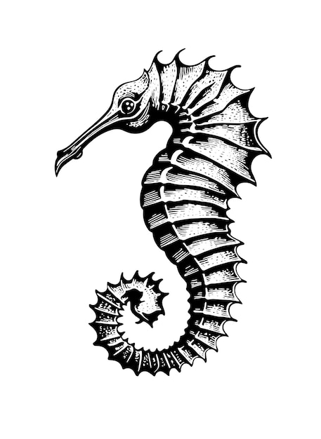 Caballito de mar en la profundidad del abismo espigas de pescado tatuaje impresión sello