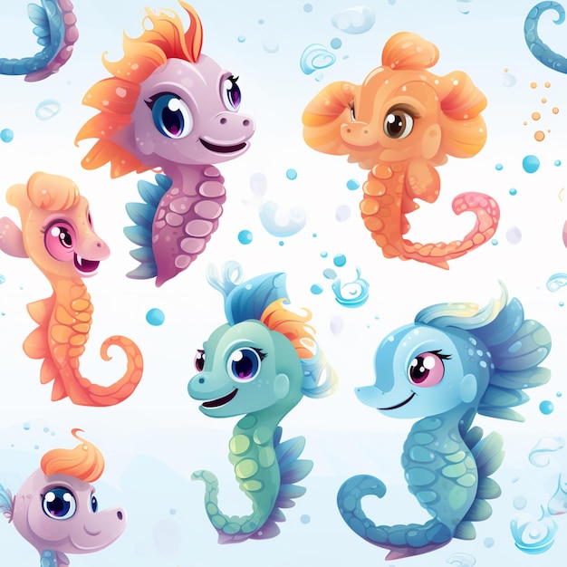 Caballitos de mar de dibujos animados y caballitos de mar en el agua con burbujas generativas ai
