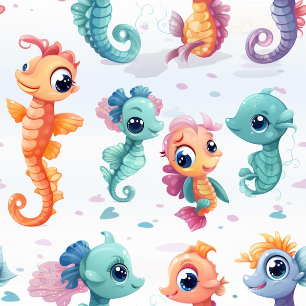 Caballitos de mar de dibujos animados con diferentes colores y tamaños de pelo
