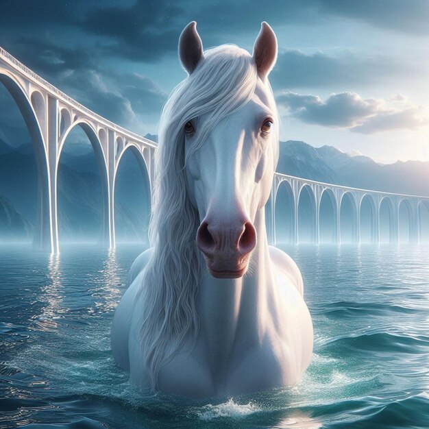 Un caballo en el agua con un puente en el fondo