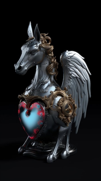 Un caballo con alas en forma de corazón está sobre un fondo negro.