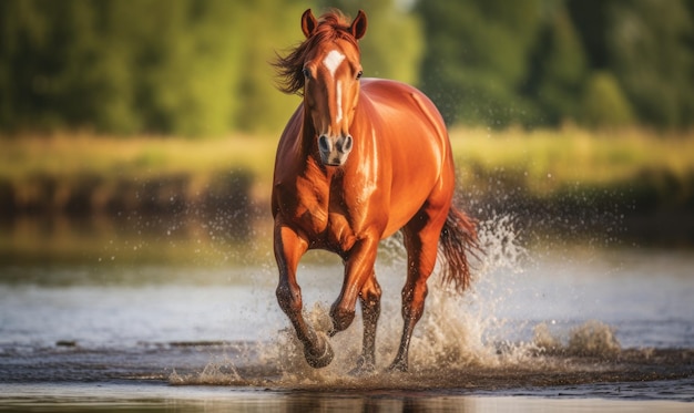 El caballo árabe galopa en el agua salpicaduras de agua