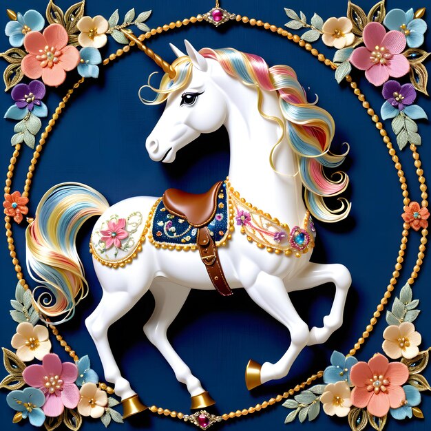un caballo con un arco iris en la espalda está decorado con flores y flores