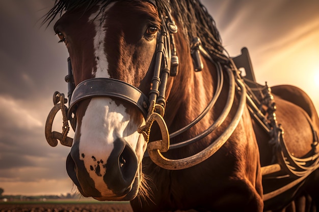 Un caballo con un arnés puesto y un cielo nublado detrás.