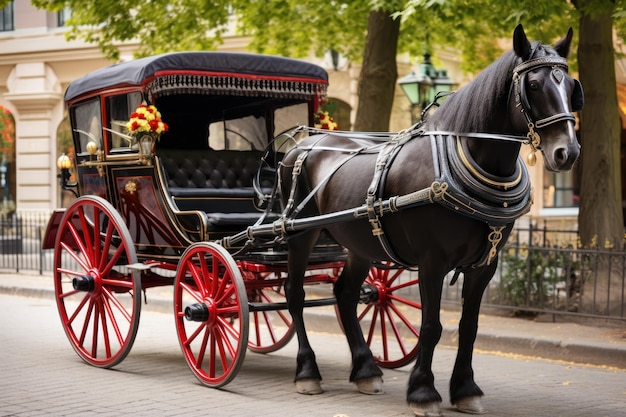 Foto un caballo atado a un carruaje