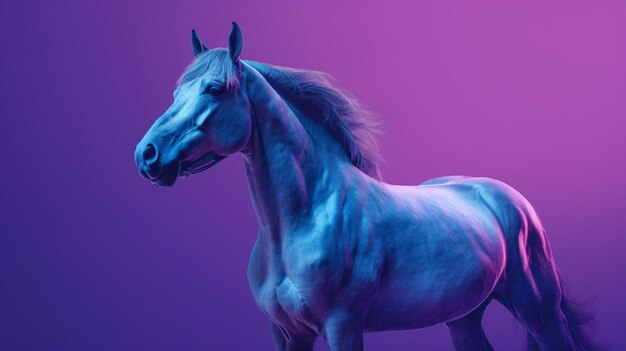 Un caballo azul con un fondo púrpura