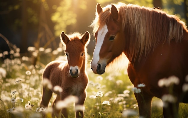 Un caballo bebé parado junto a un caballo viejo AI