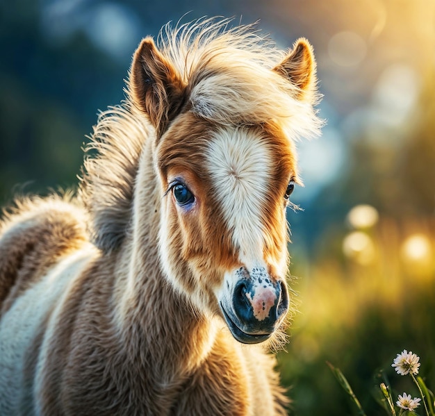 Un caballo bebé peludo con una expresión lúdica rodeado de un campo de coloridas flores silvestres