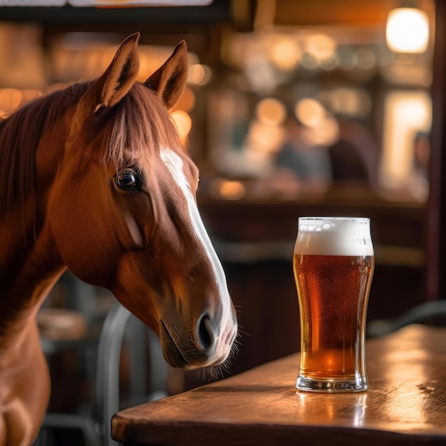 un caballo bebe de un vaso alto de cerveza.