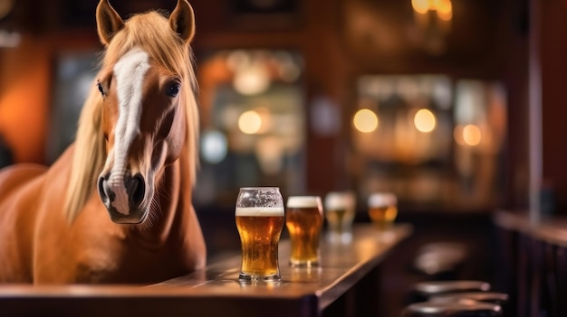 un caballo bebiendo cerveza de un vaso con un caballo al fondo.