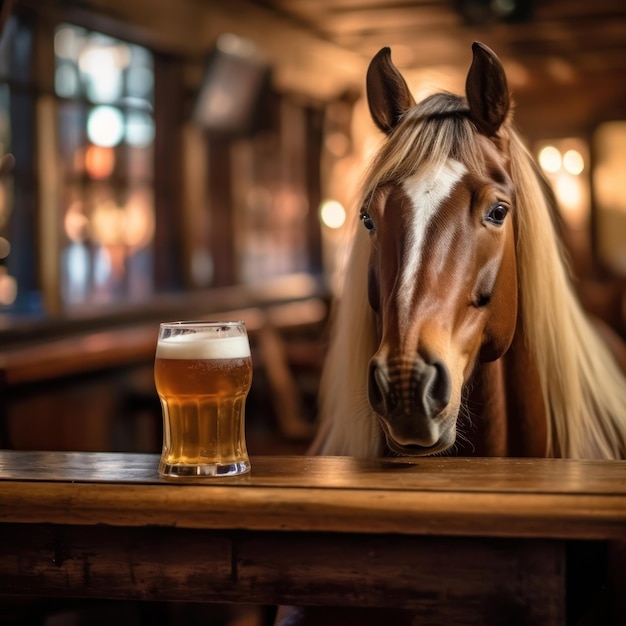 un caballo bebiendo una pinta de cerveza junto a un vaso de cerveza.