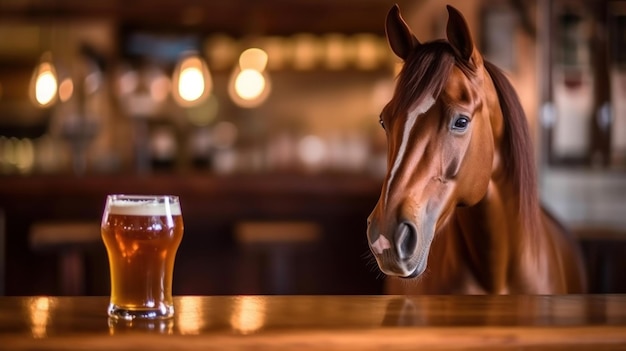 caballo bebiendo una pinta de cerveza junto a un vaso de cerveza.