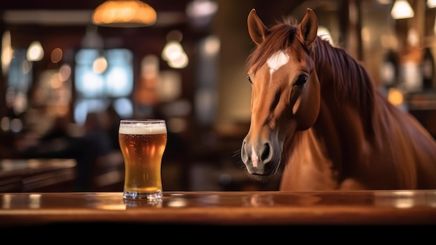 un caballo bebiendo de un vaso de cerveza en un bar.