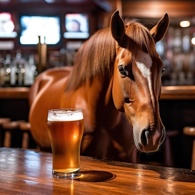 un caballo bebiendo de un vaso de cerveza en la barra de un bar.