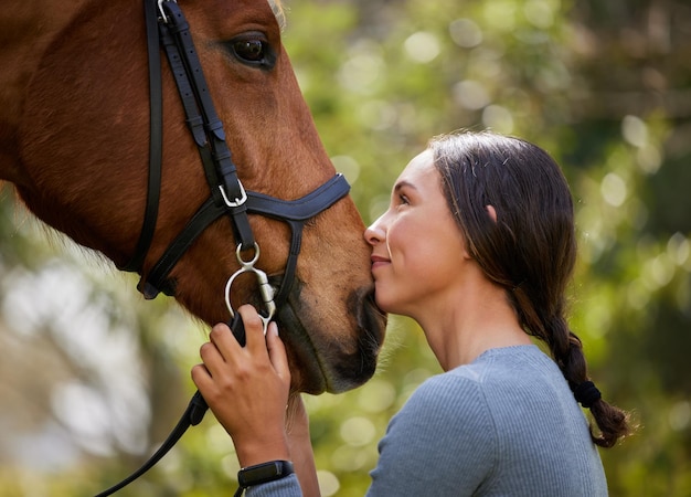 El caballo con una belleza insuperable Disparo de una mujer joven y atractiva de pie con su caballo en un bosque