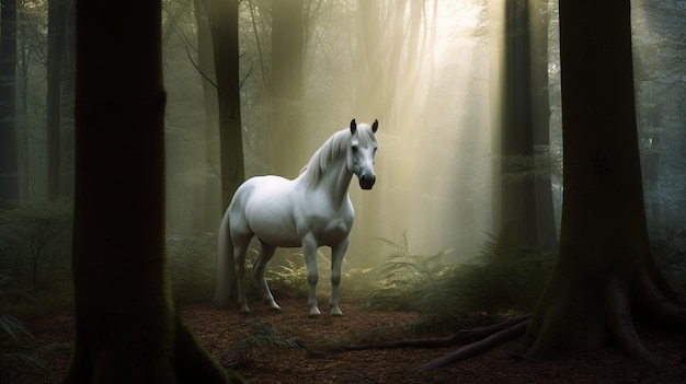 Un caballo blanco en un bosque con el sol brillando a través de los árboles.