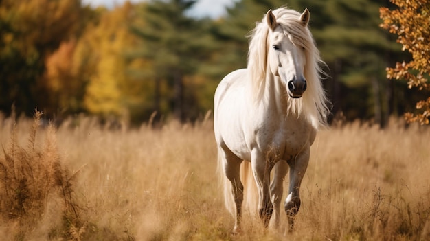 un caballo blanco camina por un campo