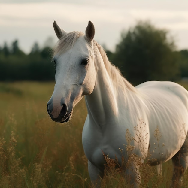 Un caballo blanco en un campo de hierba generativa ai
