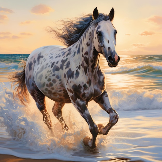 Un caballo blanco corre en el agua de la playa Ai generó arte