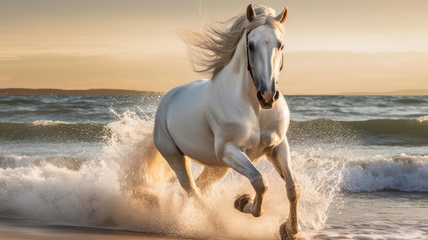 Un caballo blanco corre en la playa.