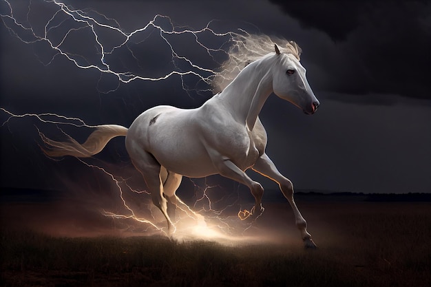 Un caballo blanco corre a través de oscuras nubes de tormenta entre relámpagos Generar Ai