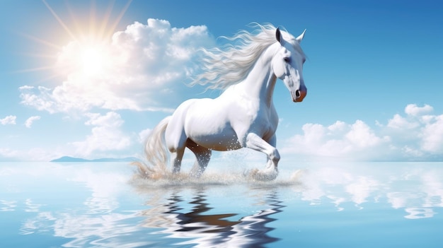un caballo blanco corriendo por el agua