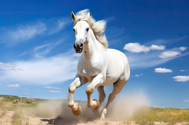 un caballo blanco corriendo en la arena