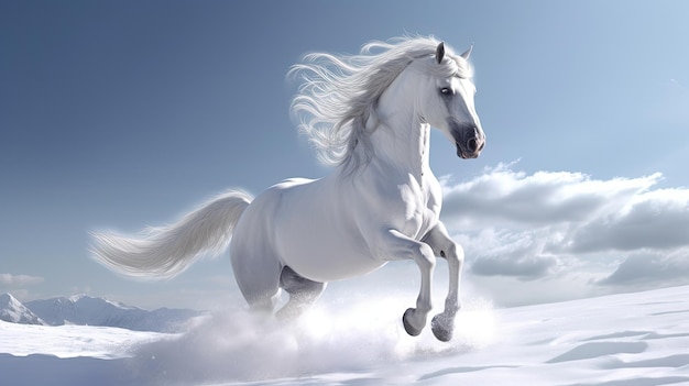 un caballo blanco corriendo en la nieve
