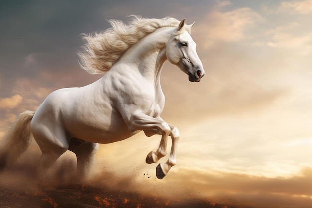 Caballo blanco corriendo sobre la arena creado con tecnología de IA generativa