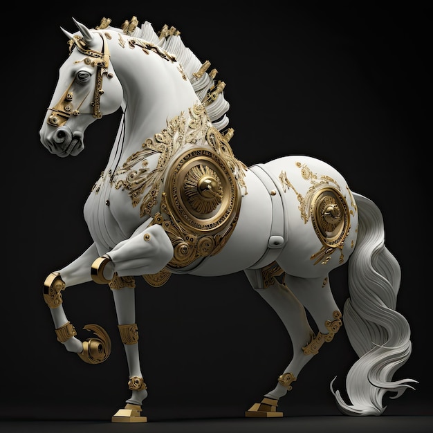 un caballo blanco dorado robótico de lujo