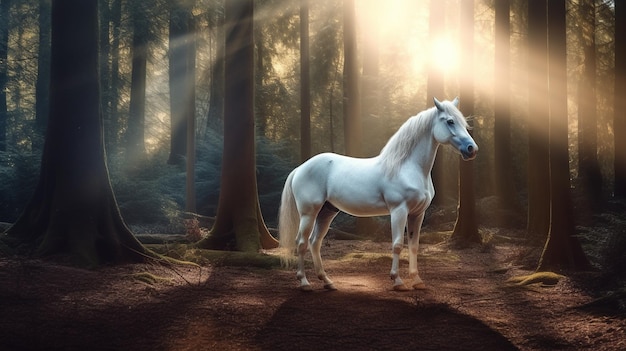 Un caballo blanco se encuentra en un bosque con el sol brillando a través de los árboles.