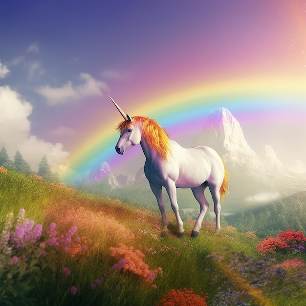 Caballo blanco se encuentra en el jardín con imágenes del cielo del arco iris IA generativa